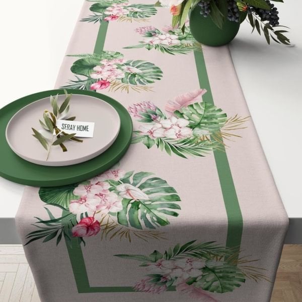 Tropikal Yapraklı Pembe Çiçekli Runner  45x150 cm