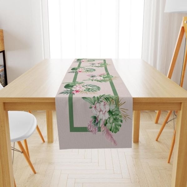 Tropikal Yapraklı Pembe Çiçekli Runner  45x150 cm