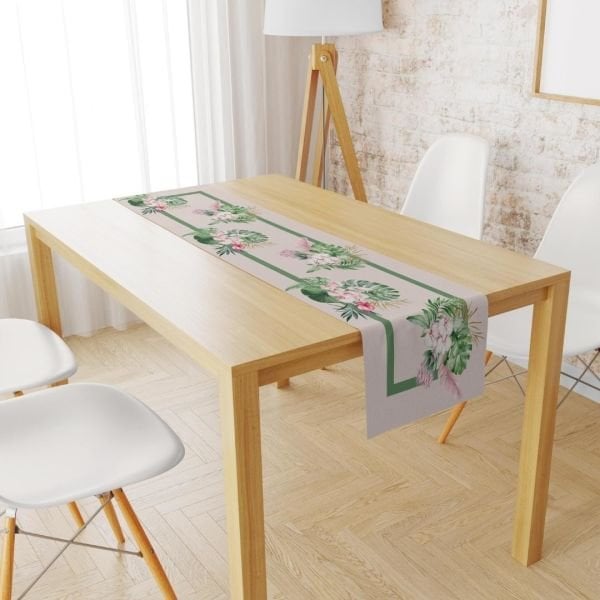 Tropikal Yapraklı Pembe Çiçekli Runner  45x150 cm