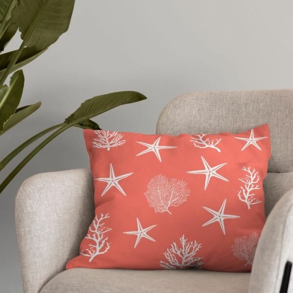 Marin Deniz Yıldızı Mercan Coral Çift Tarafı Desenli Kırlent Kılıfı 43x43 cm