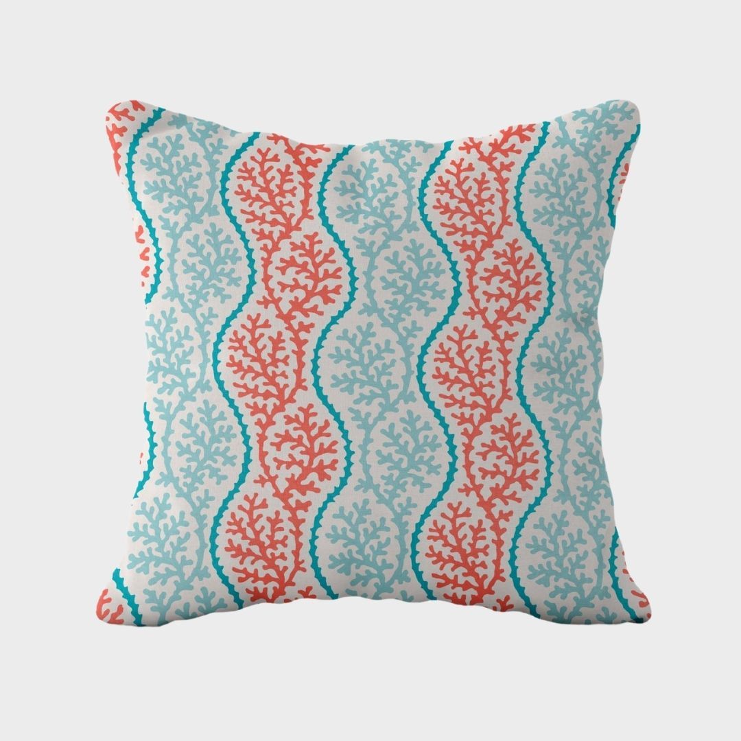 Marin Coral Turkuaz Mercan Çift Tarafı Desenli Kırlent Kılıfı 43x43 cm