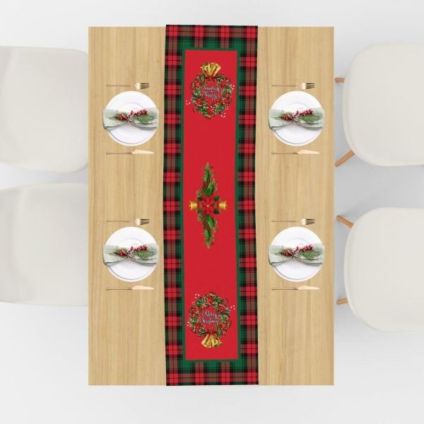 Yılbaşı Christmas Çelenk Kırmızı Ekoseli Runner 43x147 cm