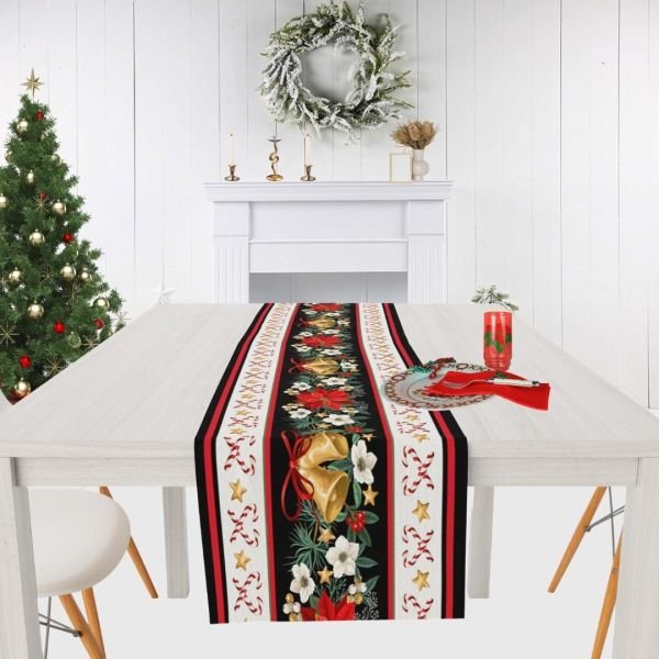 Yılbaşı Christmas Ortası Çiçekli Çanlı Şekerli Runner 43x147 cm