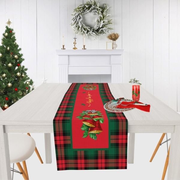 Yılbaşı Christmas Kırmızı Çanlı Ekoseli Runner 43x147 cm