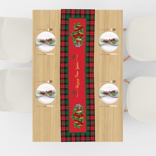 Yılbaşı Christmas Kırmızı Çanlı Ekoseli Runner 43x147 cm
