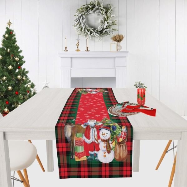 Yılbaşı Christmas Noel Babalı Kardan Adamlı Kırmızı Ekoseli Runner 43x147 cm