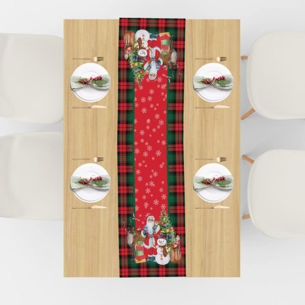 Yılbaşı Christmas Noel Babalı Kardan Adamlı Kırmızı Ekoseli Runner 43x147 cm