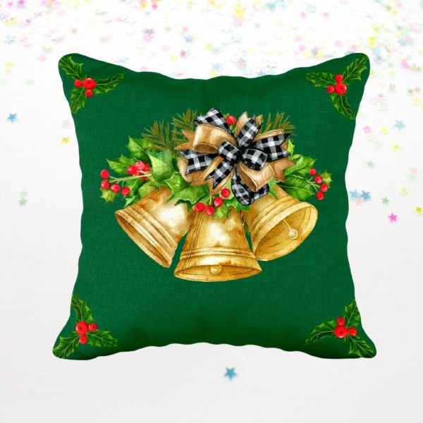 Yılbaşı Christmas Yeşil Gold Noel Çanı Çift Tarafı Desenli Kırlent Kılıfı 43x43 cm