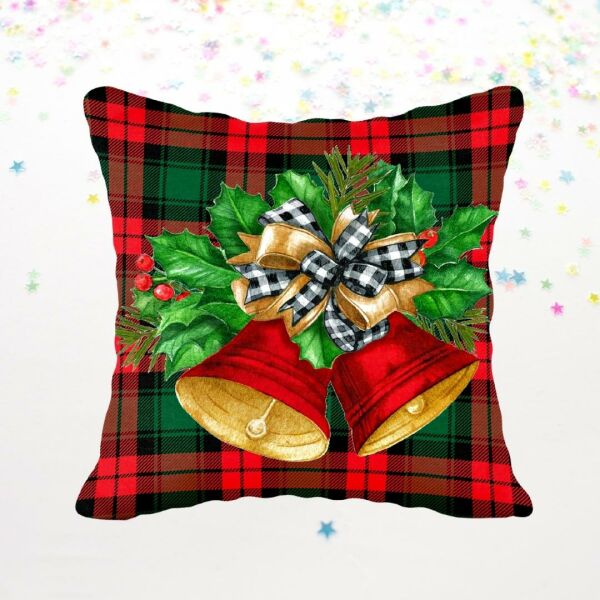 Yılbaşı Christmas Ekoseli Kırmızı Noel Çanı Çift Tarafı Desenli Kırlent Kılıfı 43x43 cm