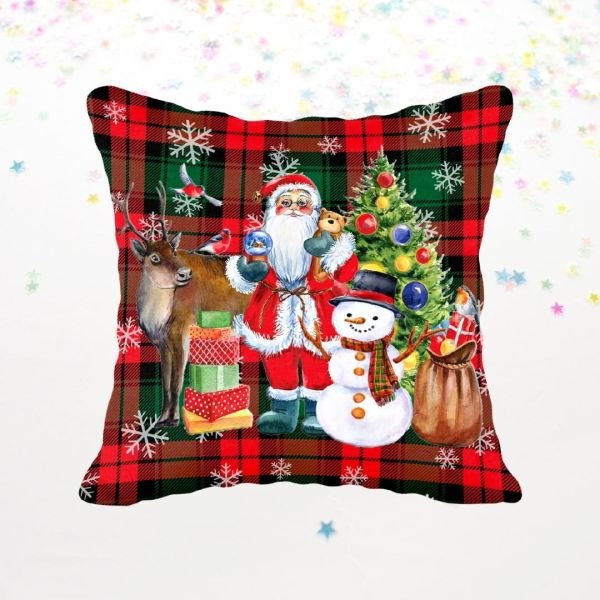 Yılbaşı Christmas Ekoseli Noel Babalı Kardan Adamlı Çift Tarafı Desenli Kırlent Kılıfı 43x43 cm