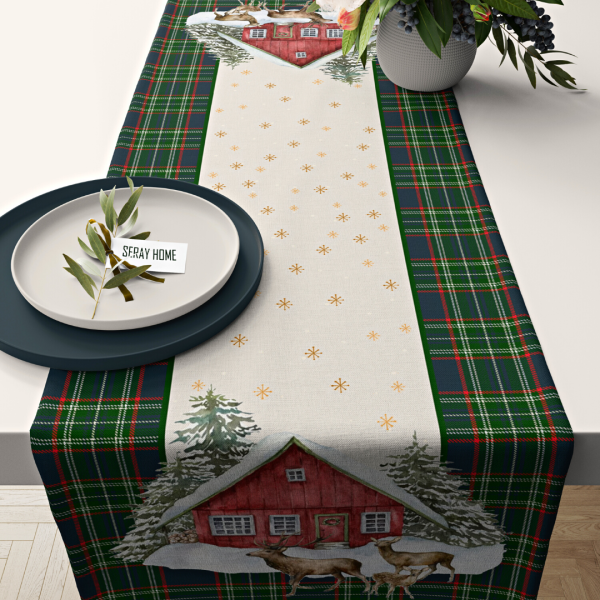 Yılbaşı Christmas Temalı Geyikli Ev Ekoseli Runner Bej 44x150 cm