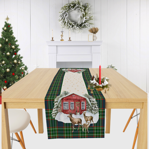 Yılbaşı Christmas Temalı Geyikli Ev Ekoseli Runner Bej 44x150 cm