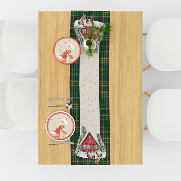 Yılbaşı Christmas Temalı Geyikli Ev Ekoseli Runner Bej 44x150 cm