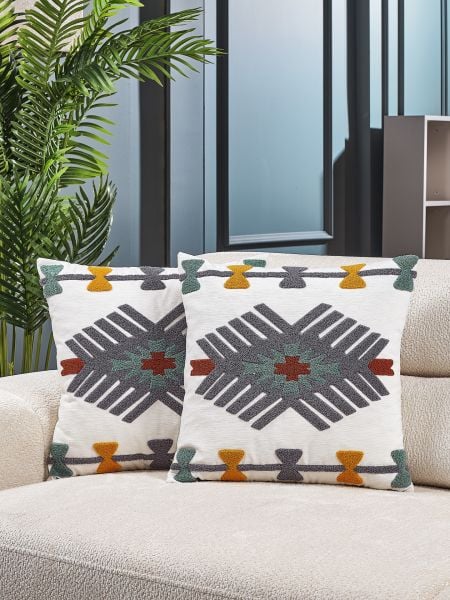 Bohem Etnik  2 \' li Set Özel Tasarım Punch Panç Nakış Anaisha 44x44 Cm Krem Kırlent Kılıfı