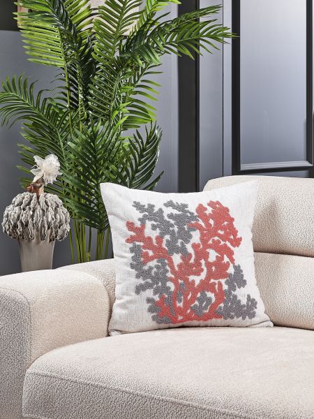 Marin Mercan Desenli 2 \' li Set Özel Tasarım Punch Panç Nakış 44x44 cm Keten Kırlent Kılıfı Pembe Gri
