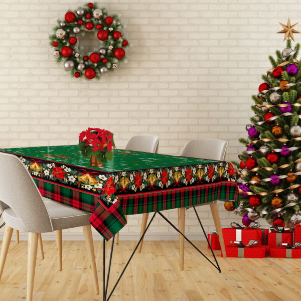 Yılbaşı Christmas Çiçekli Çanlı Şekerli 140x200 cm Yeşil Masa Örtüsü