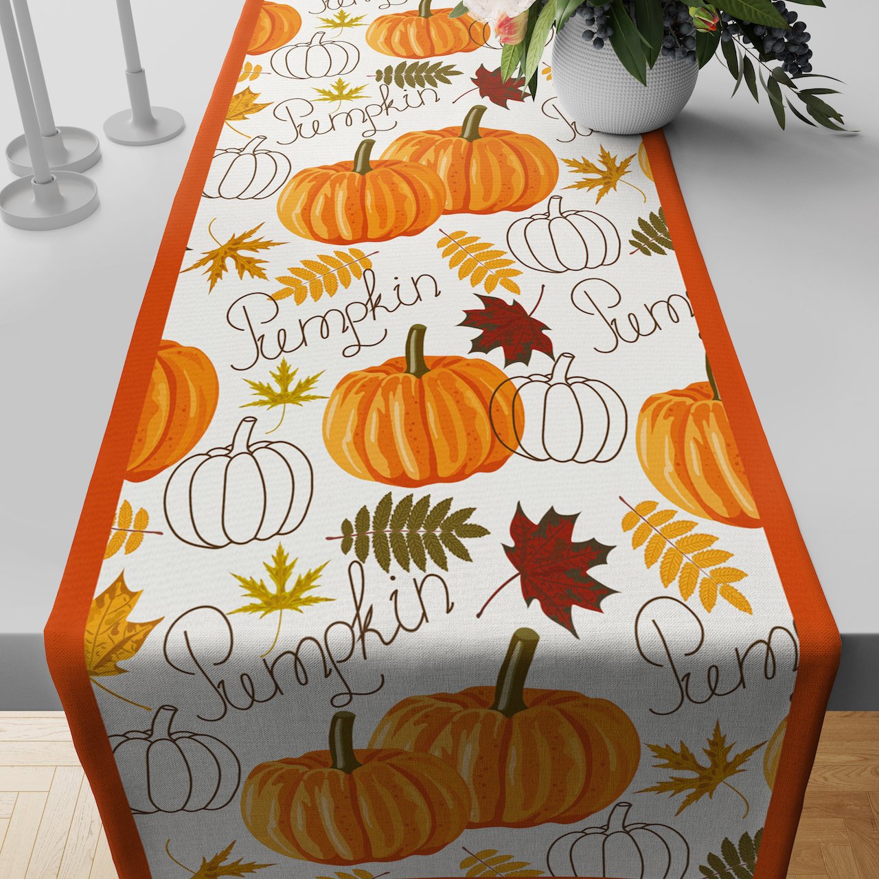 Fall Yapraklı Balkabağı Beyaz Runner
