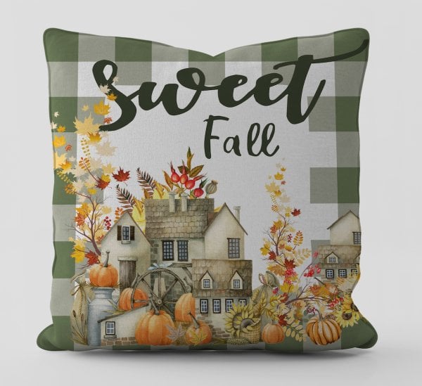 Fall Yeşil Ekose Watercolor Hause Kırlent Kılıfı