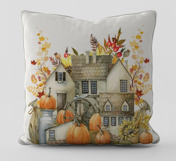 Fall  Watercolor Hause Kırlent Kılıfı