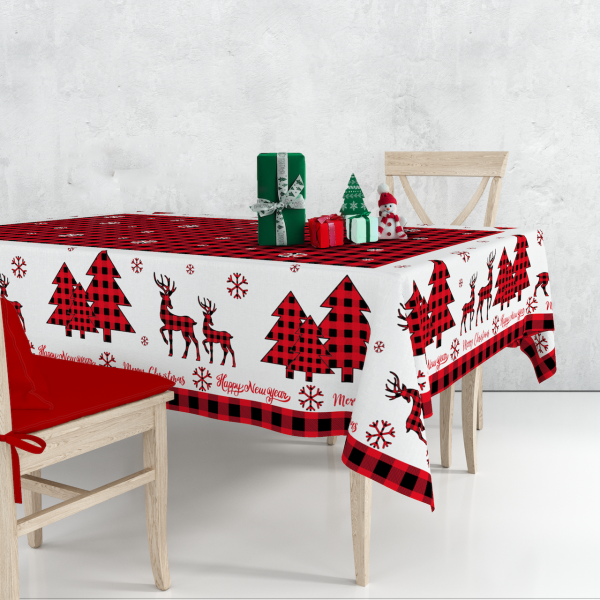 Yılbaşı Christmas Temalı Kırmızı Ekoseli Masa Örtüsü 140x200 cm