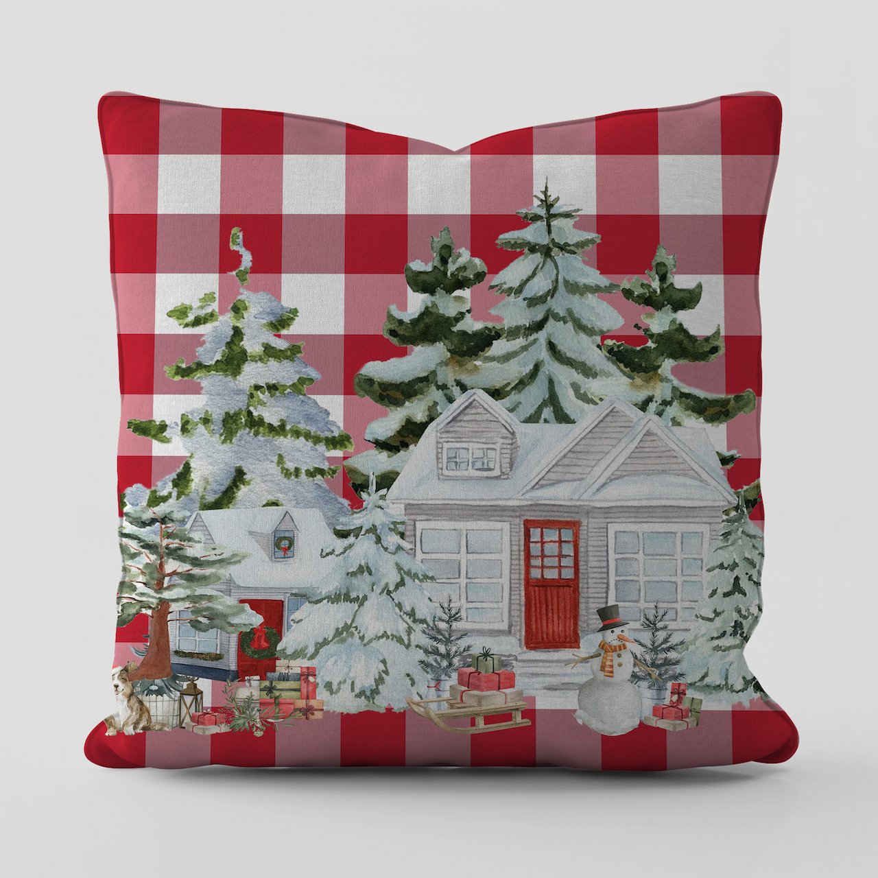 Yılbaşı Christmas Temalı Kırmızı Ekose Vinter FarmHause Kırlent Kılıfı