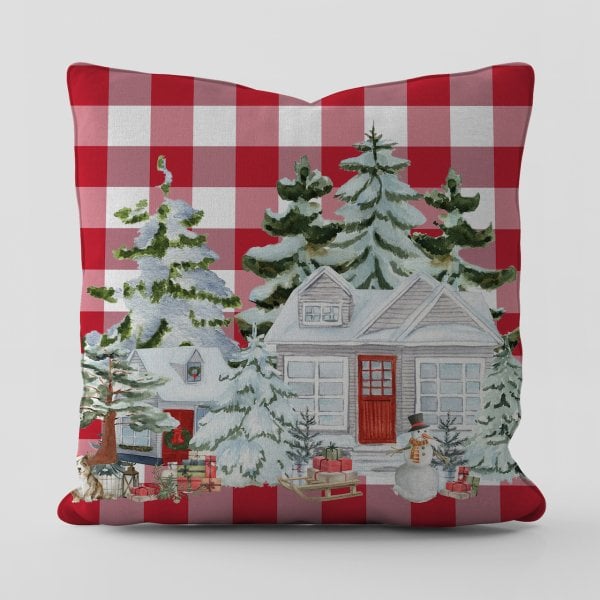 Yılbaşı Christmas Temalı Kırmızı Ekose Vinter FarmHause Kırlent Kılıfı