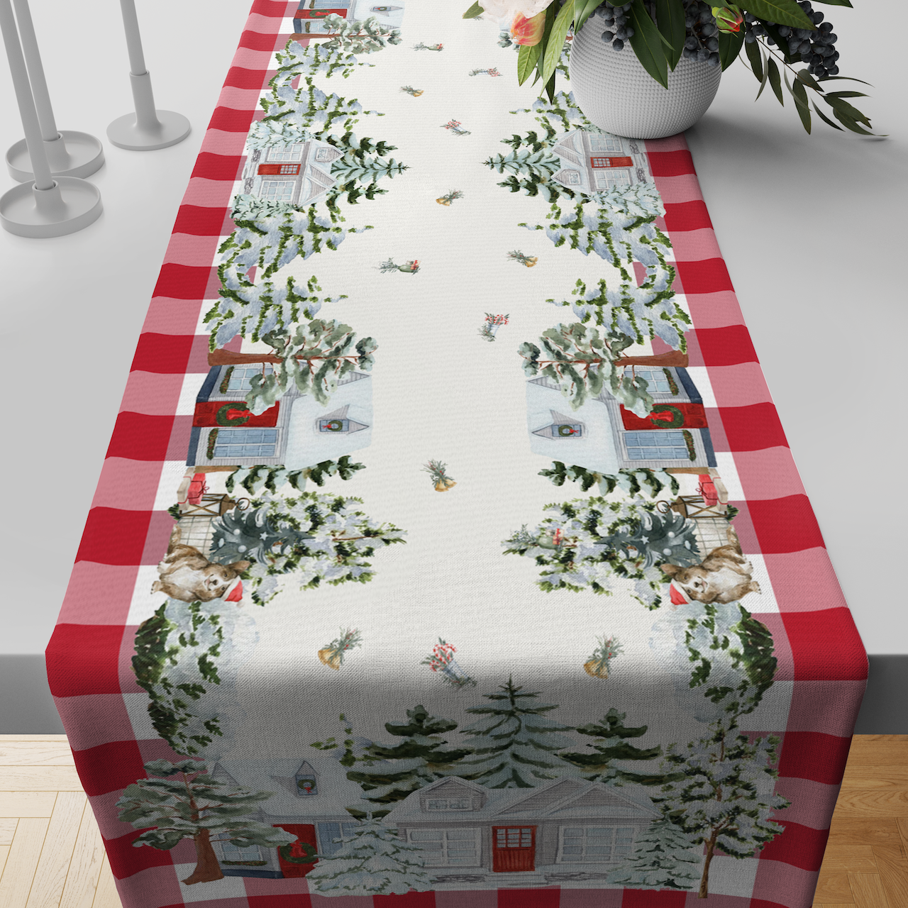 Yılbaşı Winter Temalı Kırmızı Ekose Runner